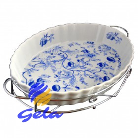 Ovale Porzellanplatte auf Metallständer / Servierteller für Fisch & Barbecue 